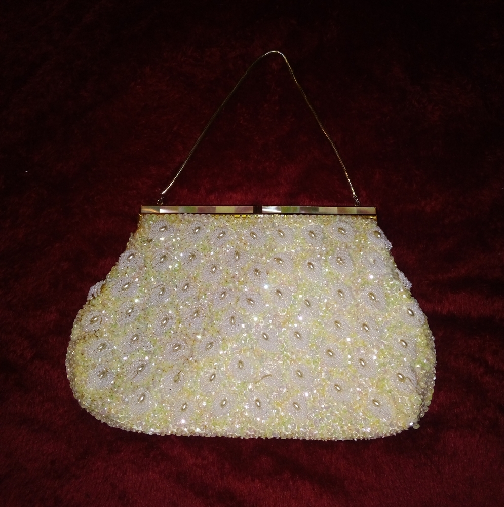 Mr. John handmade, white beaded purse with mother